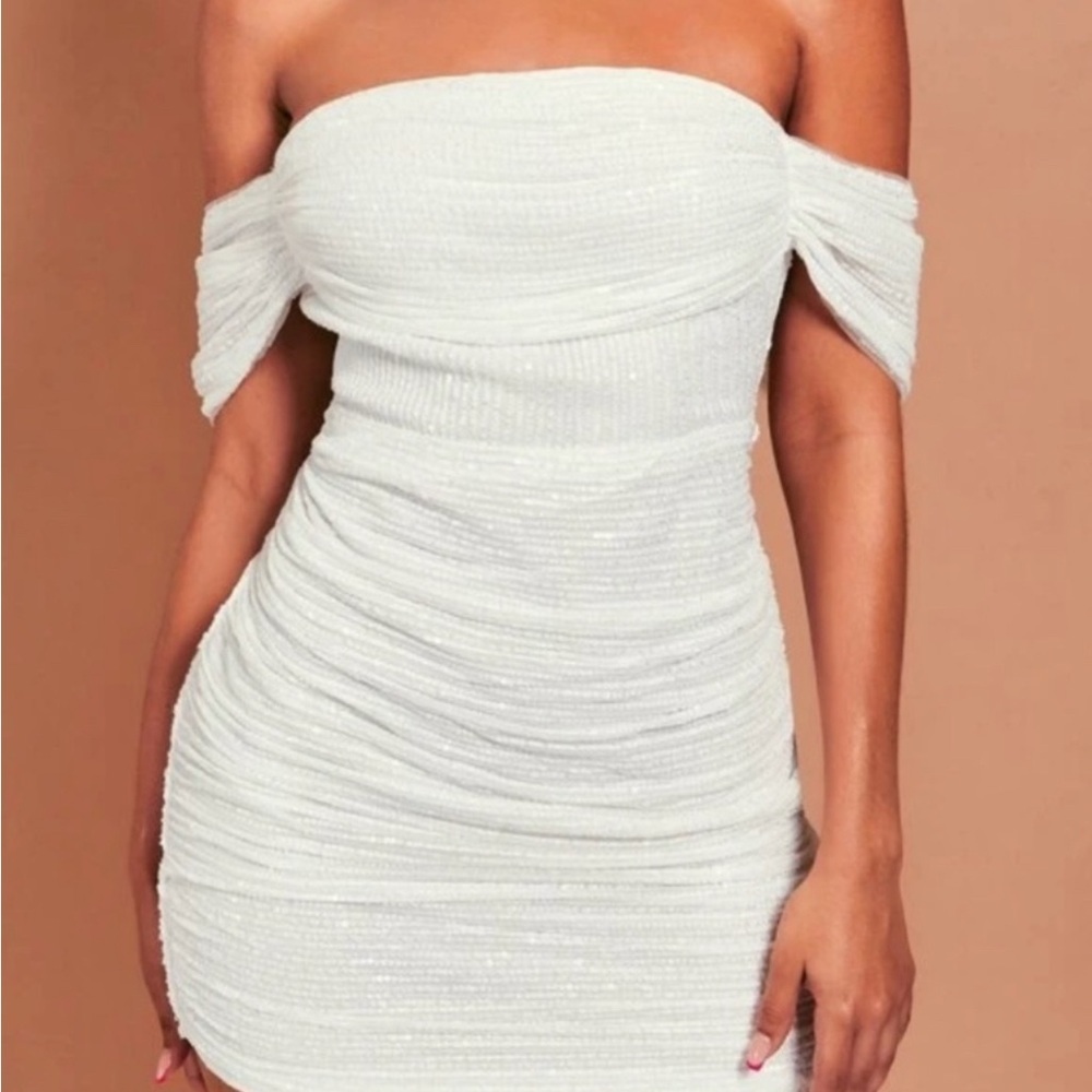 Elegant White Sequin Off-Shoulder Dress